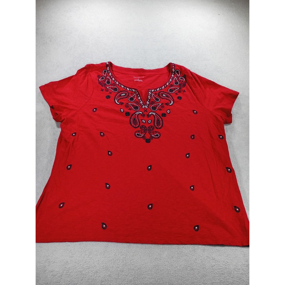 Talbots Womens Plus Paisley Embroidered Split Neck Red 3X Short Sleeve Top